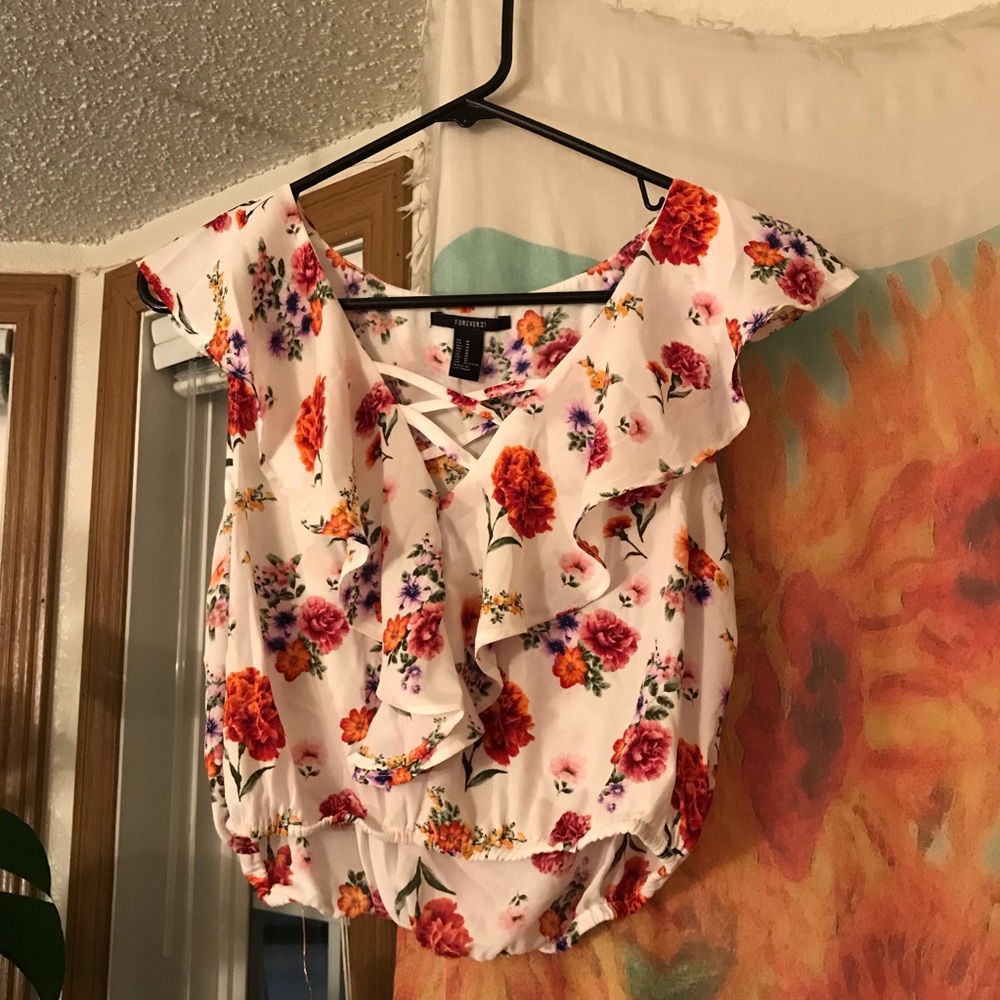 Forever 21 Floral Crop Top with Crossed Straps